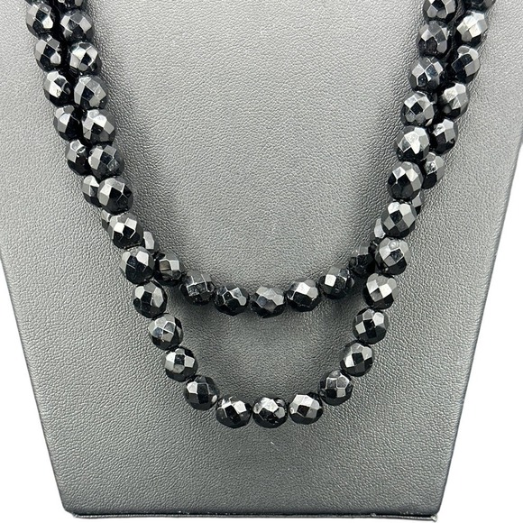 VTG Black Faceted Glass Layered Necklace Round Open Box Clasp Rhinestones - Picture 2 of 9